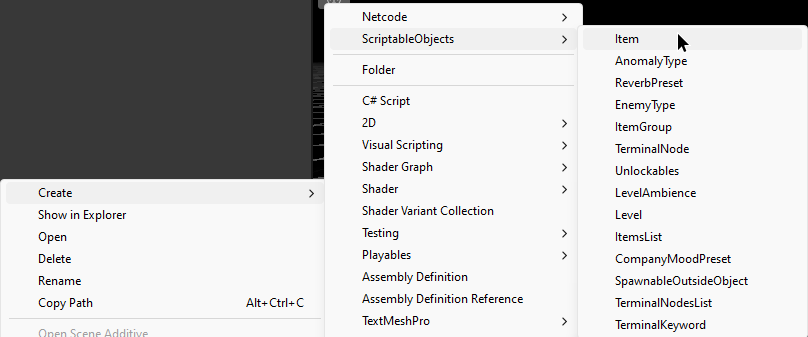 Image of the context menu in the asset browser of Unity, directing to Create -> ScriptableObjects -> Item