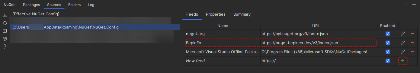 Rider NuGet Sources config with BepInEx added