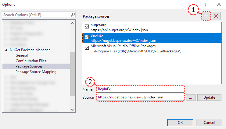 Visual Studio NuGet Sources config with BepInEx added