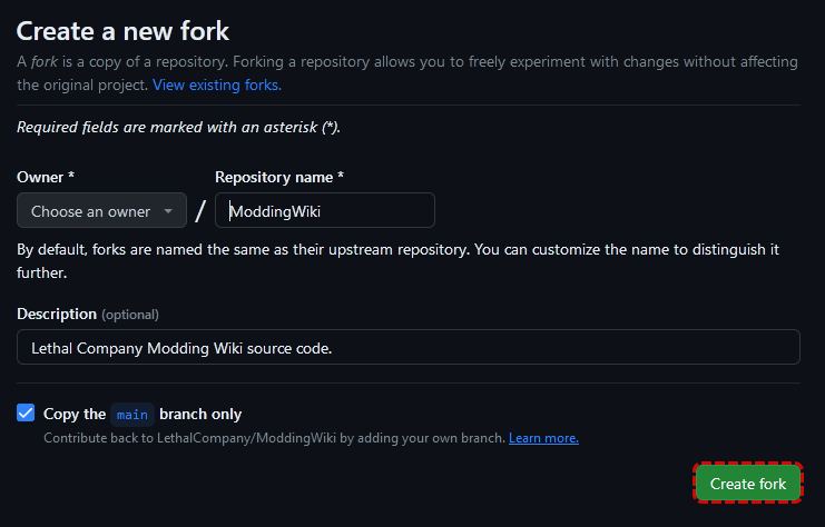 GitHub Create Fork Dialog